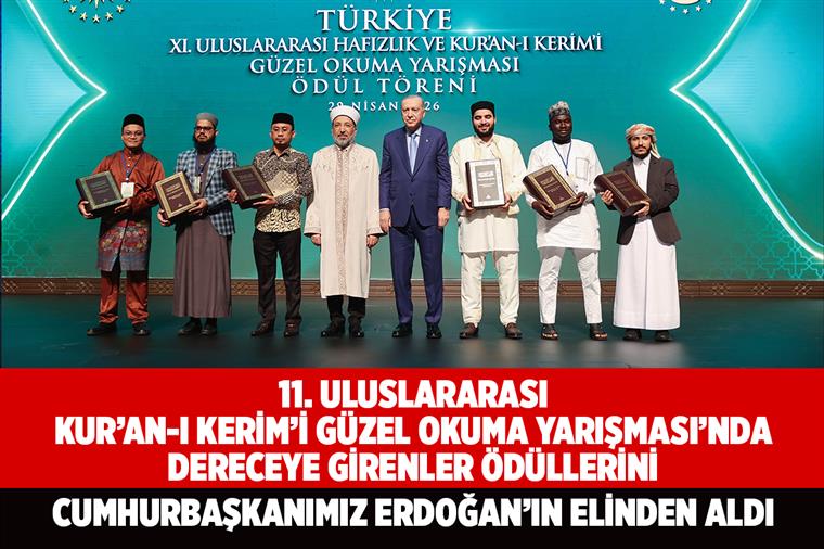 11. Uluslararası Kur’an-ı Kerim’i Güzel Okuma Yarışması’nda dereceye girenler, ödüllerini Cumhurbaşkanımız Erdoğan’ın elinden aldı